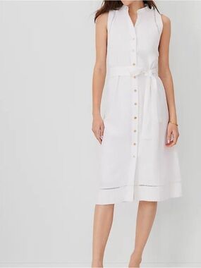 Ann Taylor Petite Linen Blend Split Neck Sleeveless Shirtdress white 10P